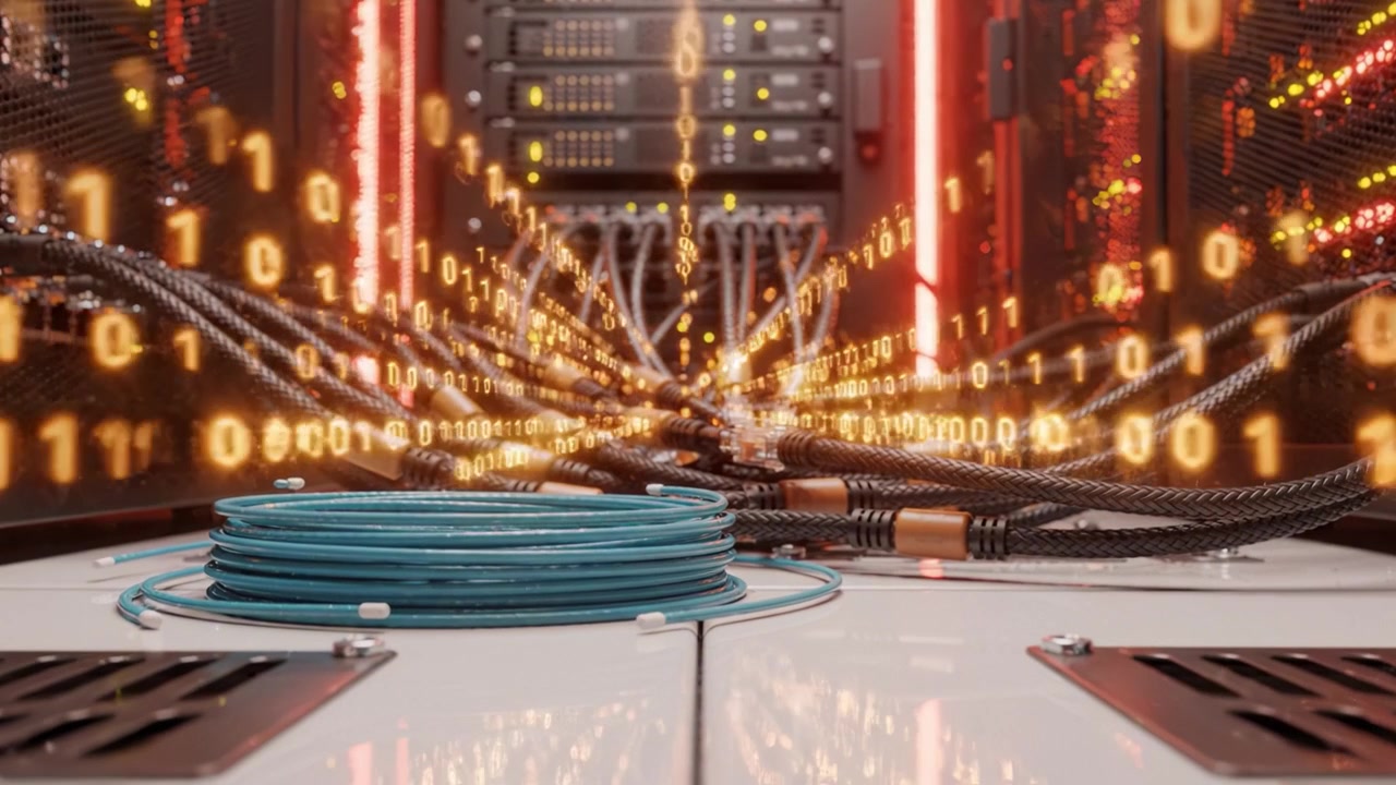 Detailed View of Server Room Connectivity: Cables and Fiber Optics Interconnected Amidst Backlit Rack Servers in a Data Center Environment
