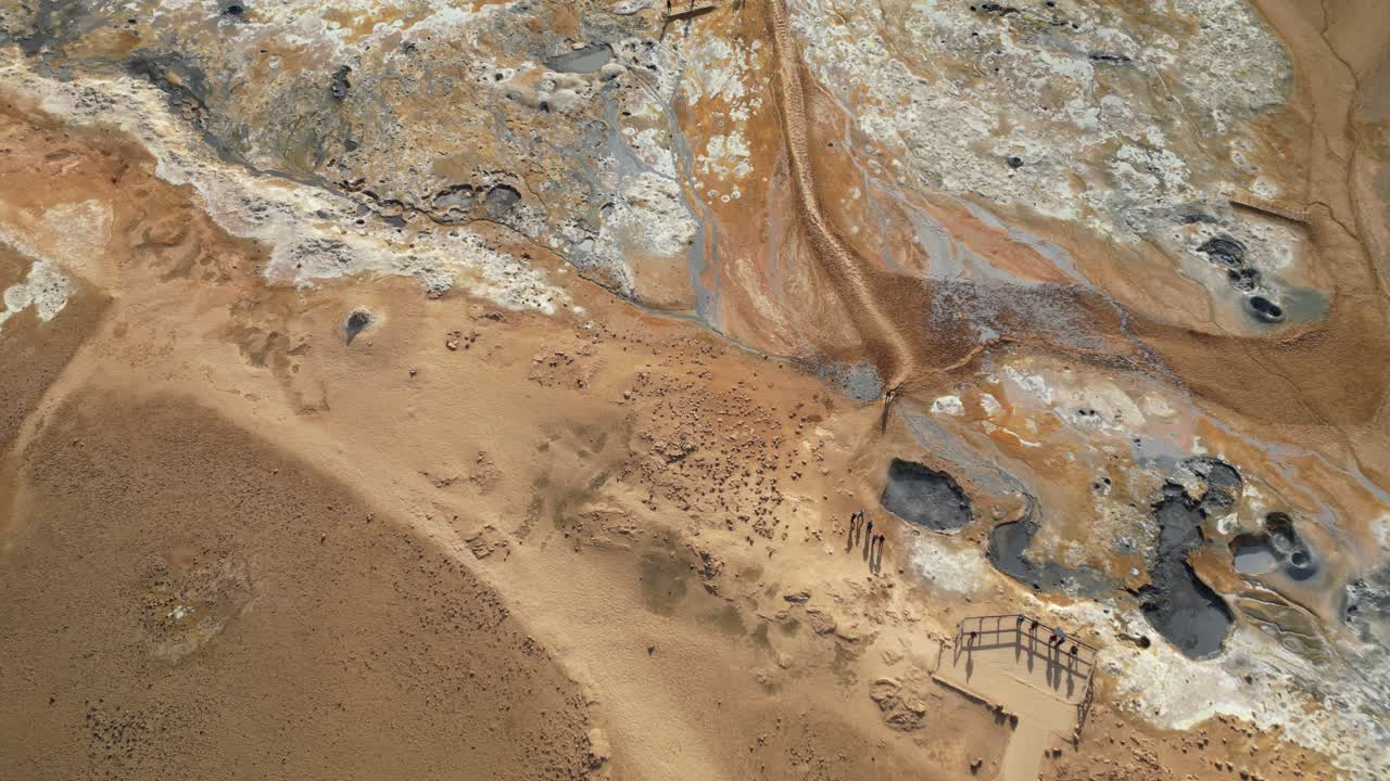 Persone che visitano un'area geotermica che dall'alto sembra Marte