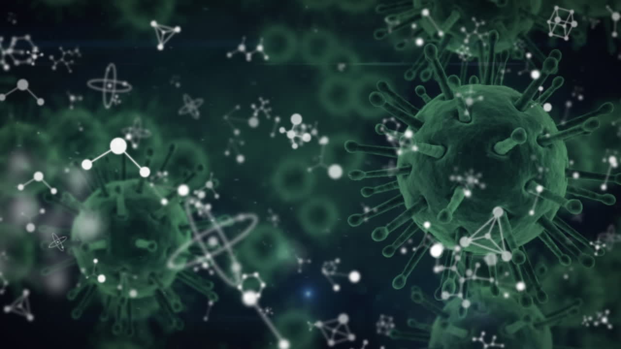 Animation of molecules and chemical elements and macro Covid19 cells floating on black background