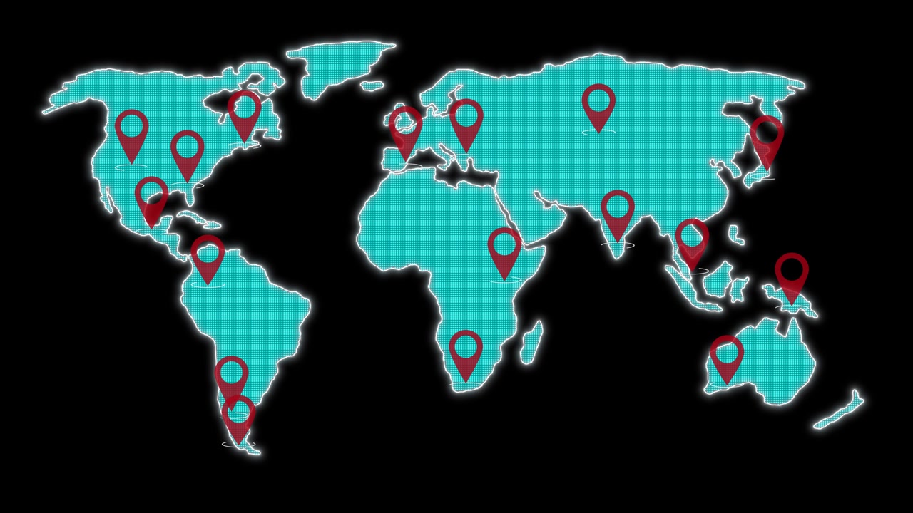 Mappamondo su sfondo nero con indicatori animati a balzo che indicano geolocalizzazioni, a simboleggiare la connettività globale e la navigazione. Alpha incluso.