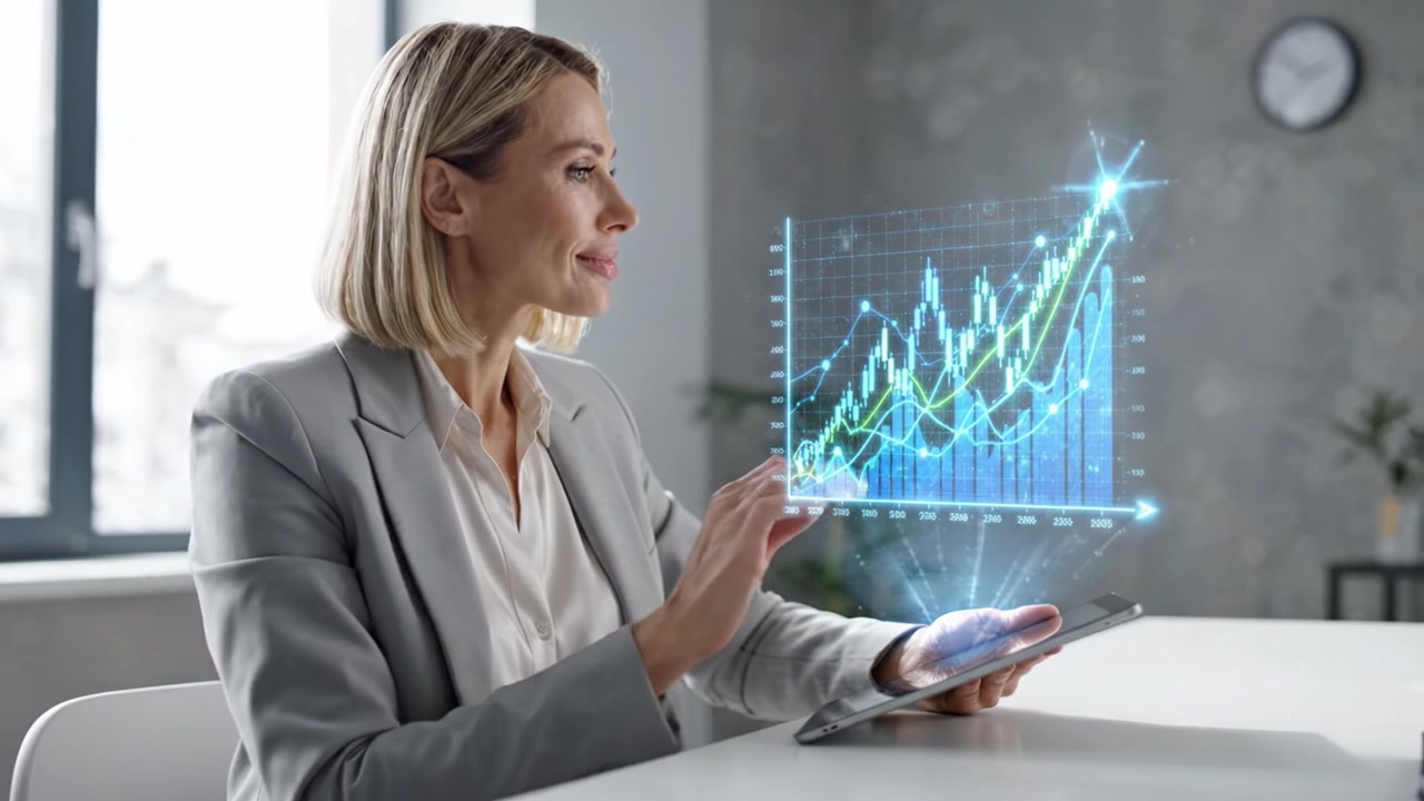 Donna professionista con tecnologia avanzata, che analizza tendenze dei dati su uno schermo di tablet in un ambiente d'ufficio moderno, mostrando innovazione e produttività.