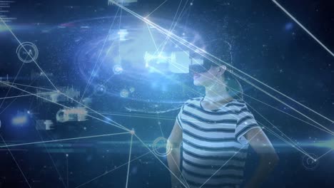 Animation-of-network-of-connections-over-woman-wearing-vr-headset