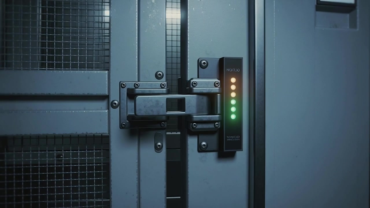 Sliding metal latch across mesh cabinet as door closes in tech room, LED indicator signaling locked