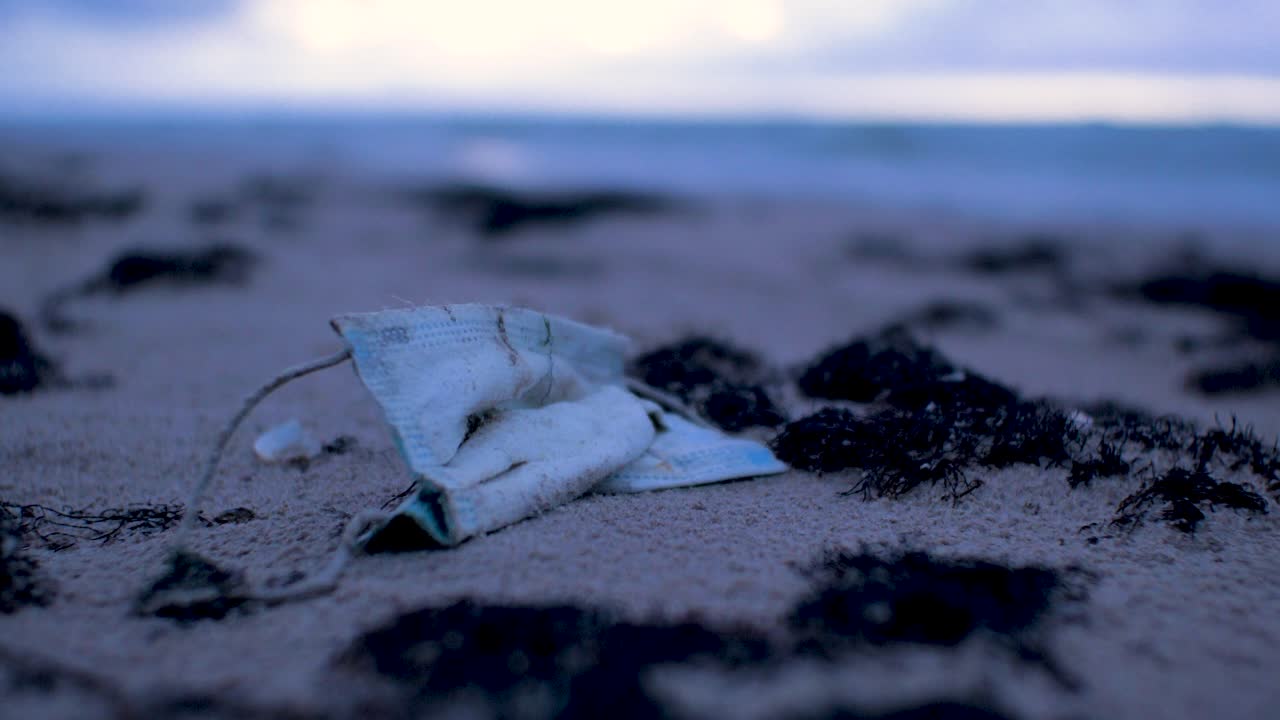Used face mask, trash and waste litter on an empty Baltic sea white sand beach, environmental pollution problem, overcast evening after sunset, closeup shot