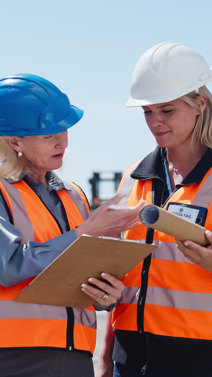Two Female Engineers Discussing Project Plans on Construction Site