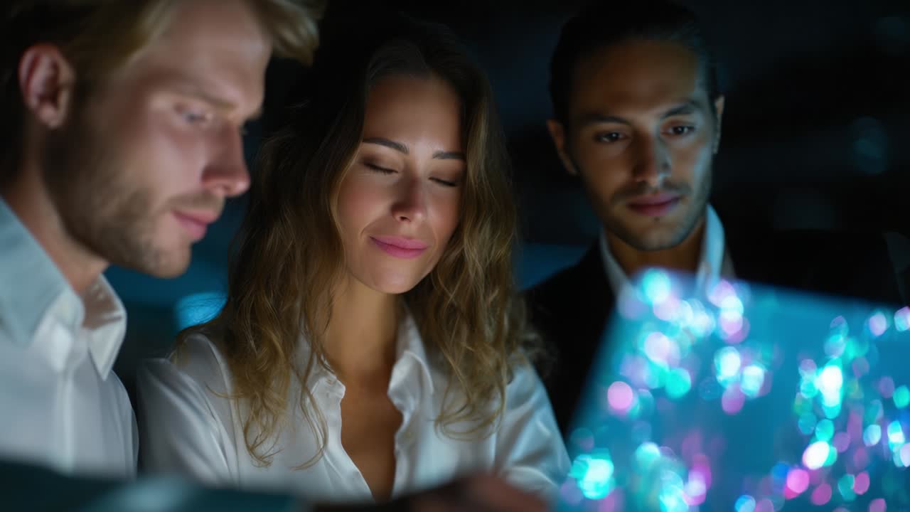 In a captivating moment, three individuals engage with a futuristic display, their expressions reflecting curiosity and wonder as they explore vibrant visuals full of abstract lights and technological innovation