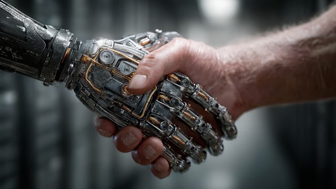 An Innovative Handshake Between Human and Robot: A Symbol of Cooperation Between Technology and Humanity in a Futuristic Setting