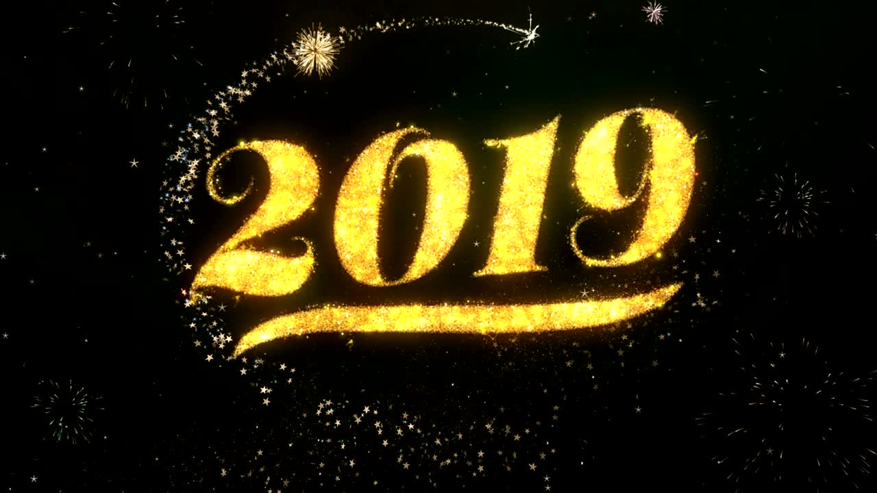2019 Happy New Year Greeting and Wishes card Made from Glitter Particles and Sparklers Light Dark Night Sky With Colorful Firework 4k Background.