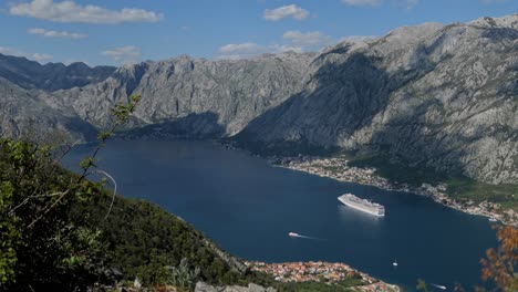 Kotor-Bay-mountain-view-from-above,-cruise-ship-and-Kotor-Town,-Montenegro