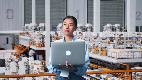 businesswoman working on laptop in a warehouse