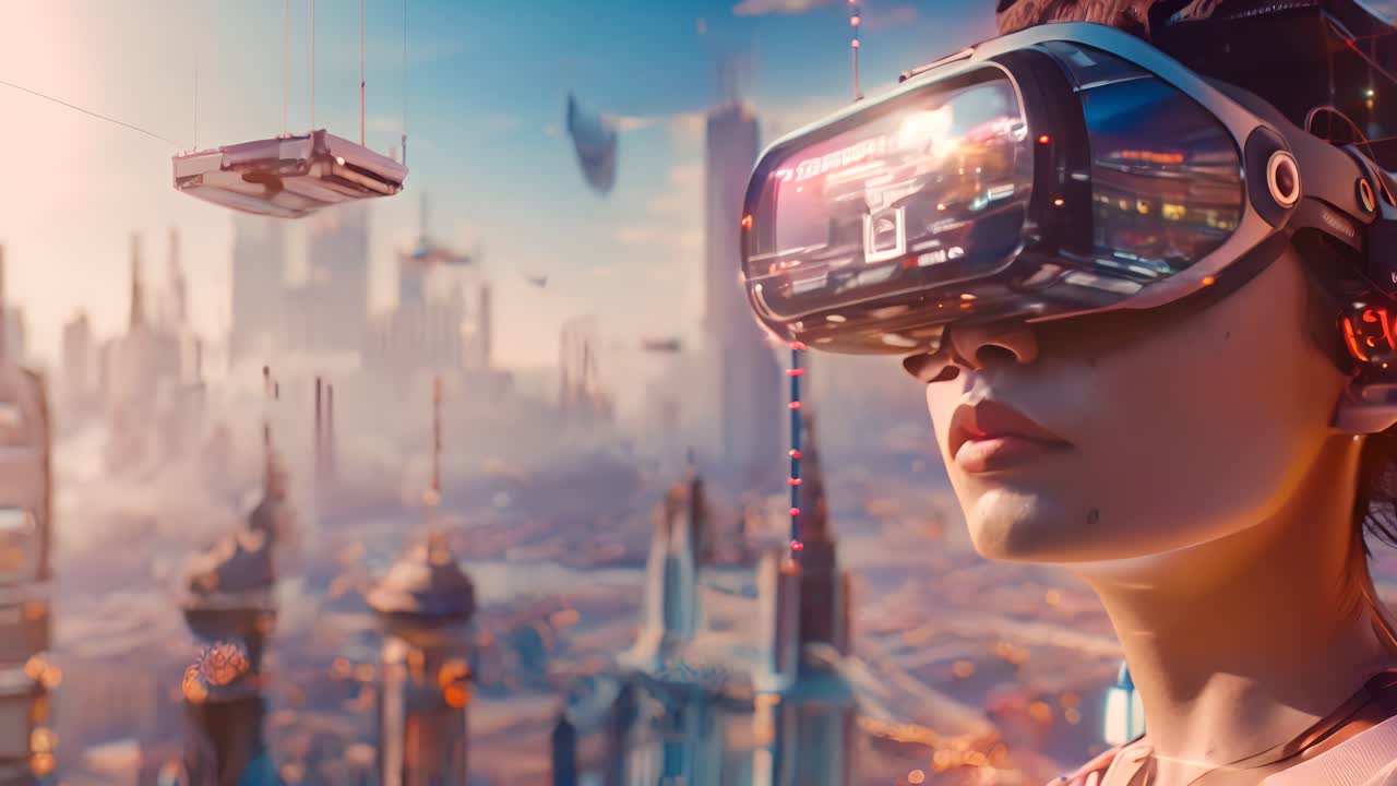 Woman Experiencing Virtual Reality in a Futuristic City