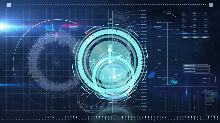 Animation of clock over scope scanning and data processing on screen