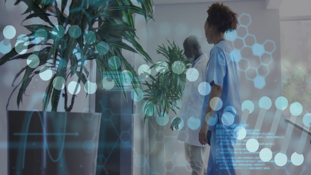 Animation of data processing and dna strand over diverse doctors talking