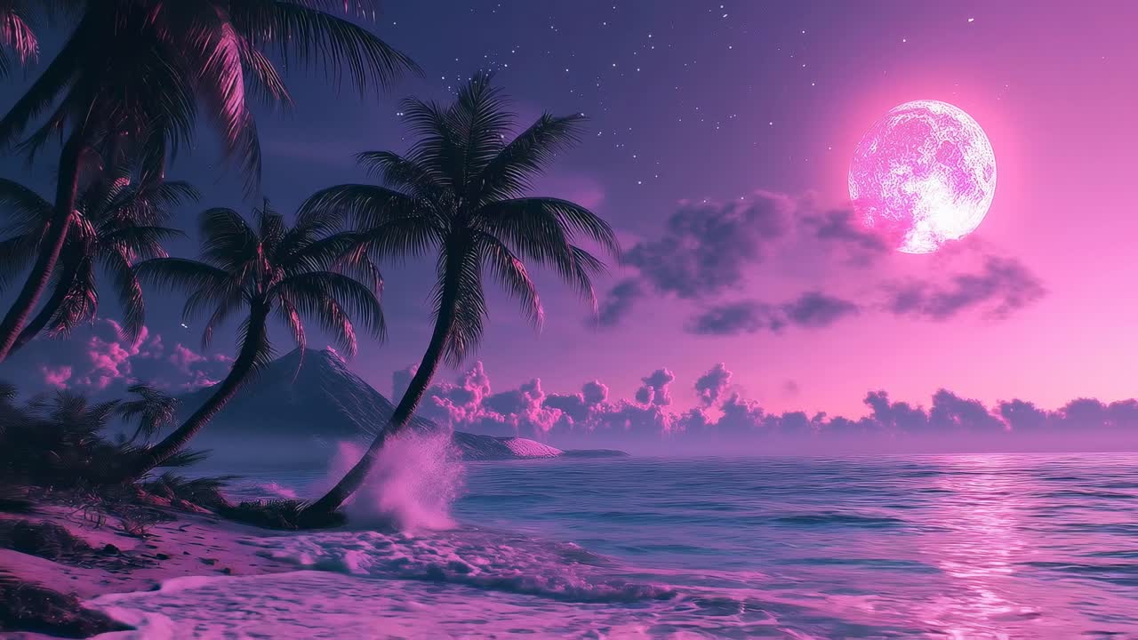 Surrealistická plážová scéna ve videu z podhledu, s růžovým měsícem a palmami.