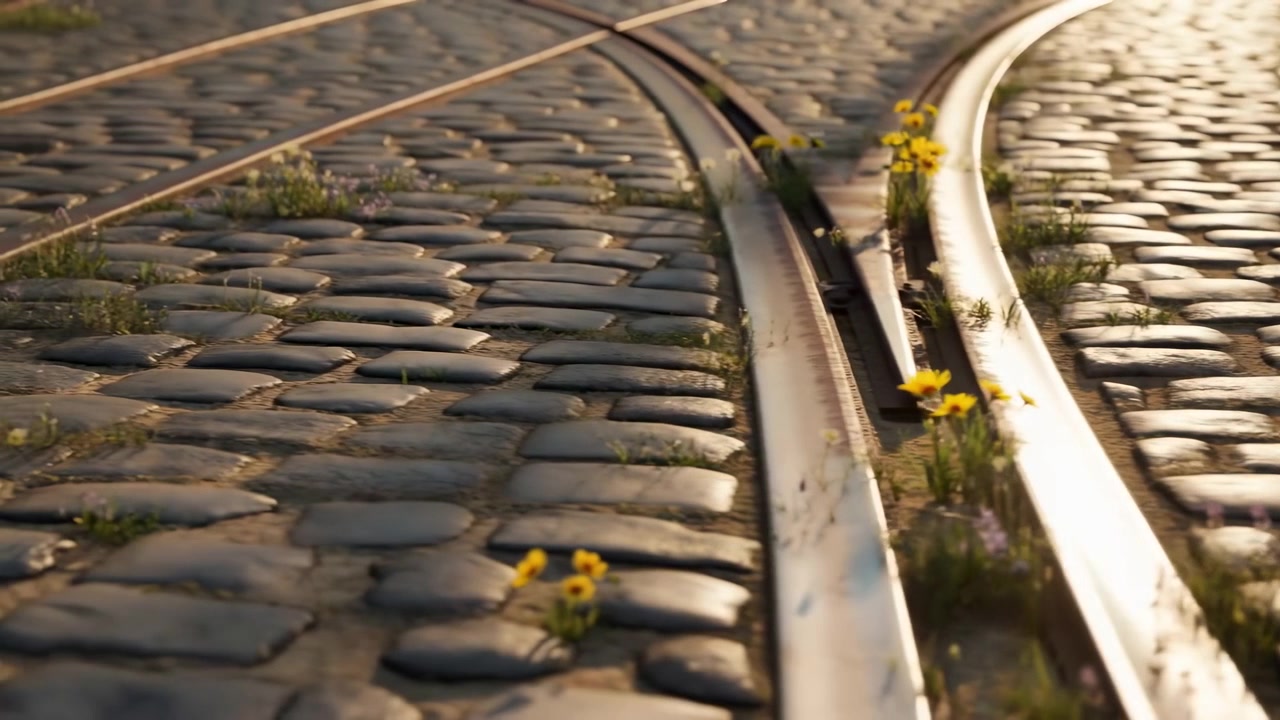 Binari del tram che convergono attraverso una strada acciottolata con fiori selvatici a metà sequenza durante l'ora d'oro.