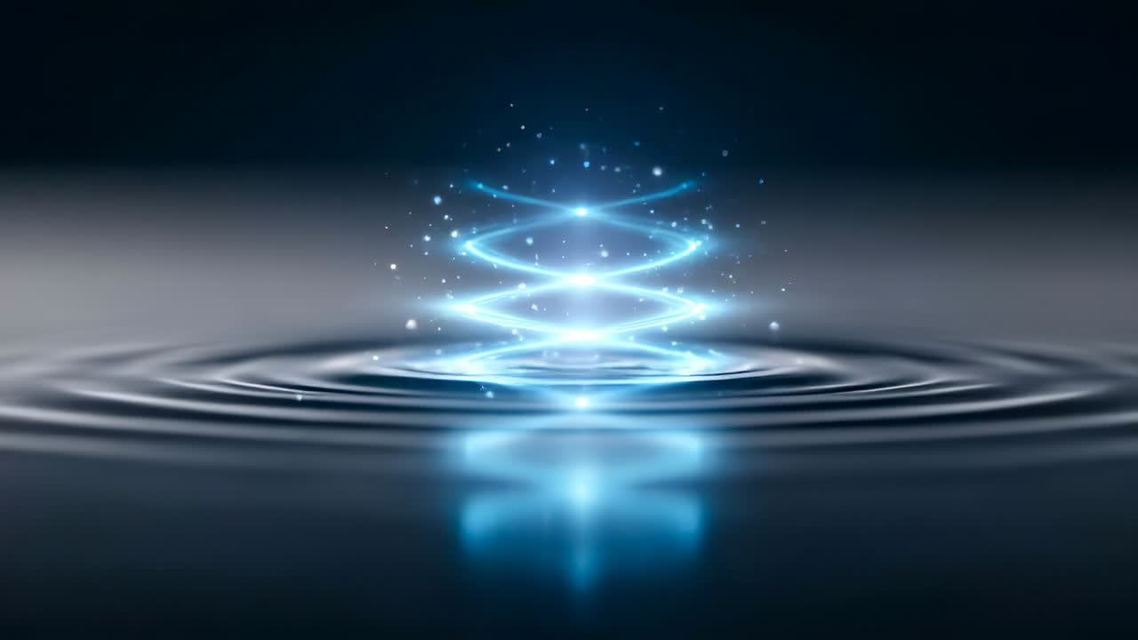 Light spiraling over water. Bright blue light creates ripples while spiraling above the calm water, showcasing movement and energy
