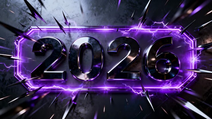 Reagendo a un impulso energetico, numeri cromati 2026 che si incrinano, scintillando in studio, ottagono al neon che si illumina