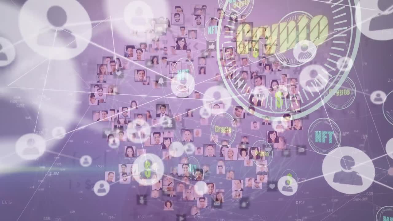 Animation of network of connections with icons over globe with people portraits on blue background