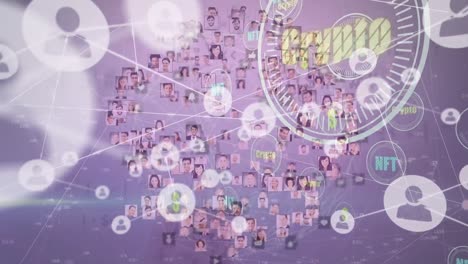 animación de la red de conexiones con iconos de todo el mundo con retratos de personas en fondo azul.