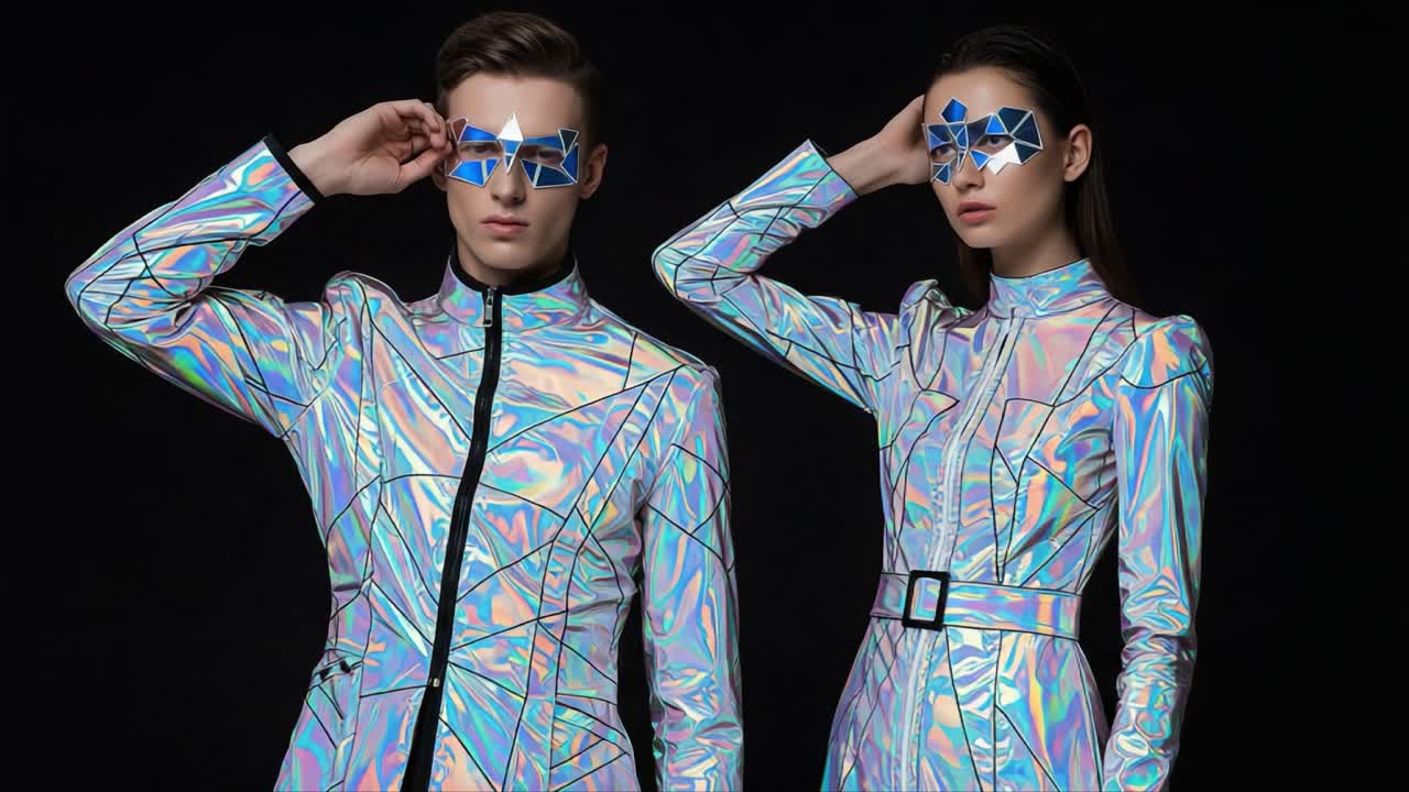 Futuristic Fashion Showcase: Models Displaying Iridescent Outfits and Geometric Sunglasses in a High-Contrast Studio Setting