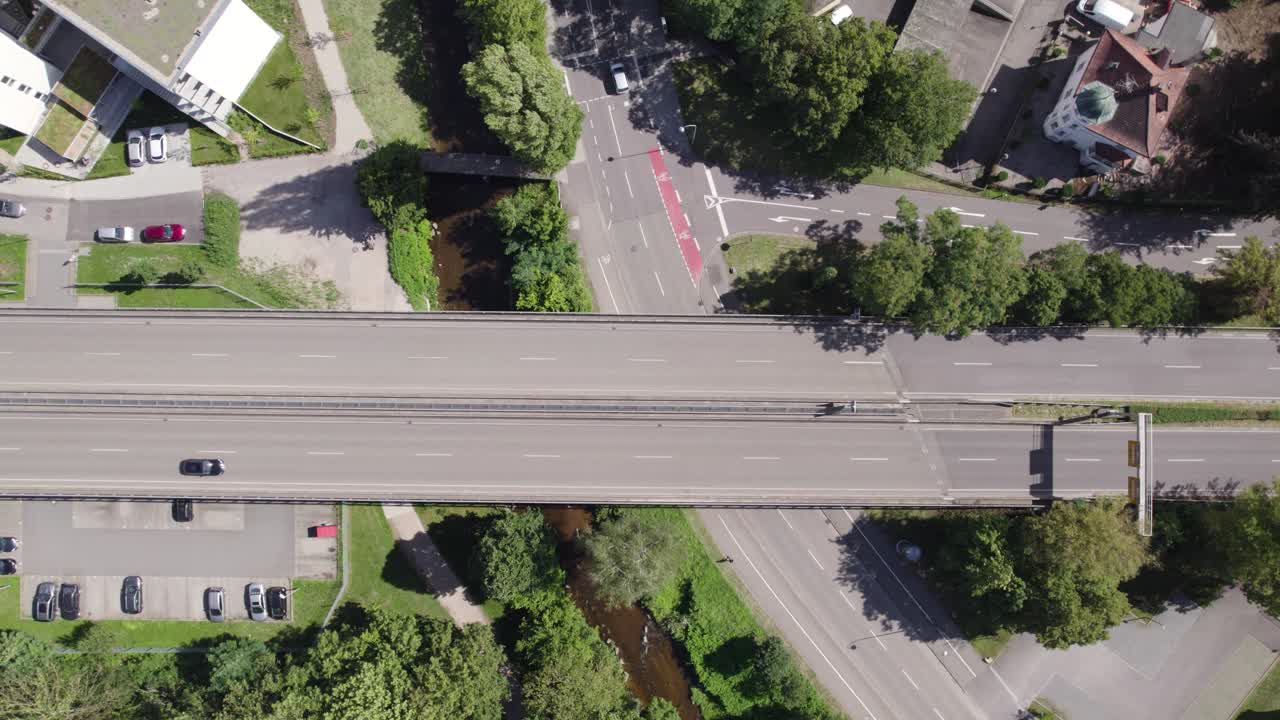 Baden Baden's top aerial: Road overpass and architecture amidst urban life