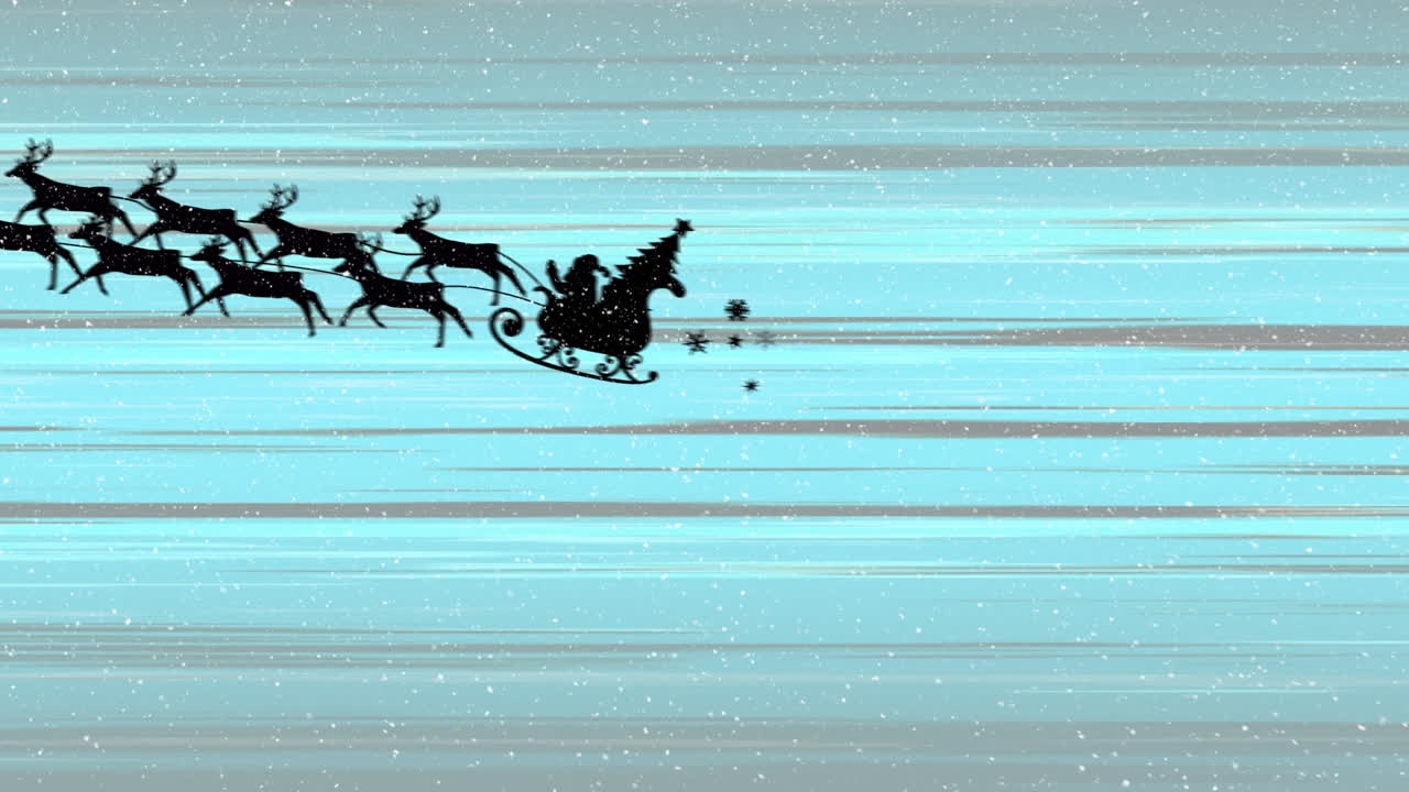 Snow falling on santa claus in sleigh being pulled by reindeers and light trails on blue background