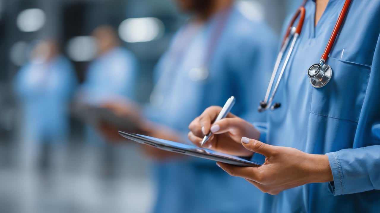 Healthcare professionals in scrubs actively engaged in digital documentation, showcasing modern medical practices and team collaboration in a clinical environment