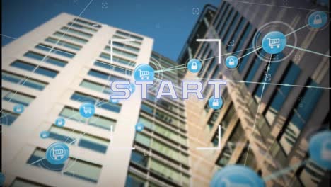 animación del texto de inicio y los iconos conectados sobre vista de ángulo bajo de un edificio moderno contra el cielo