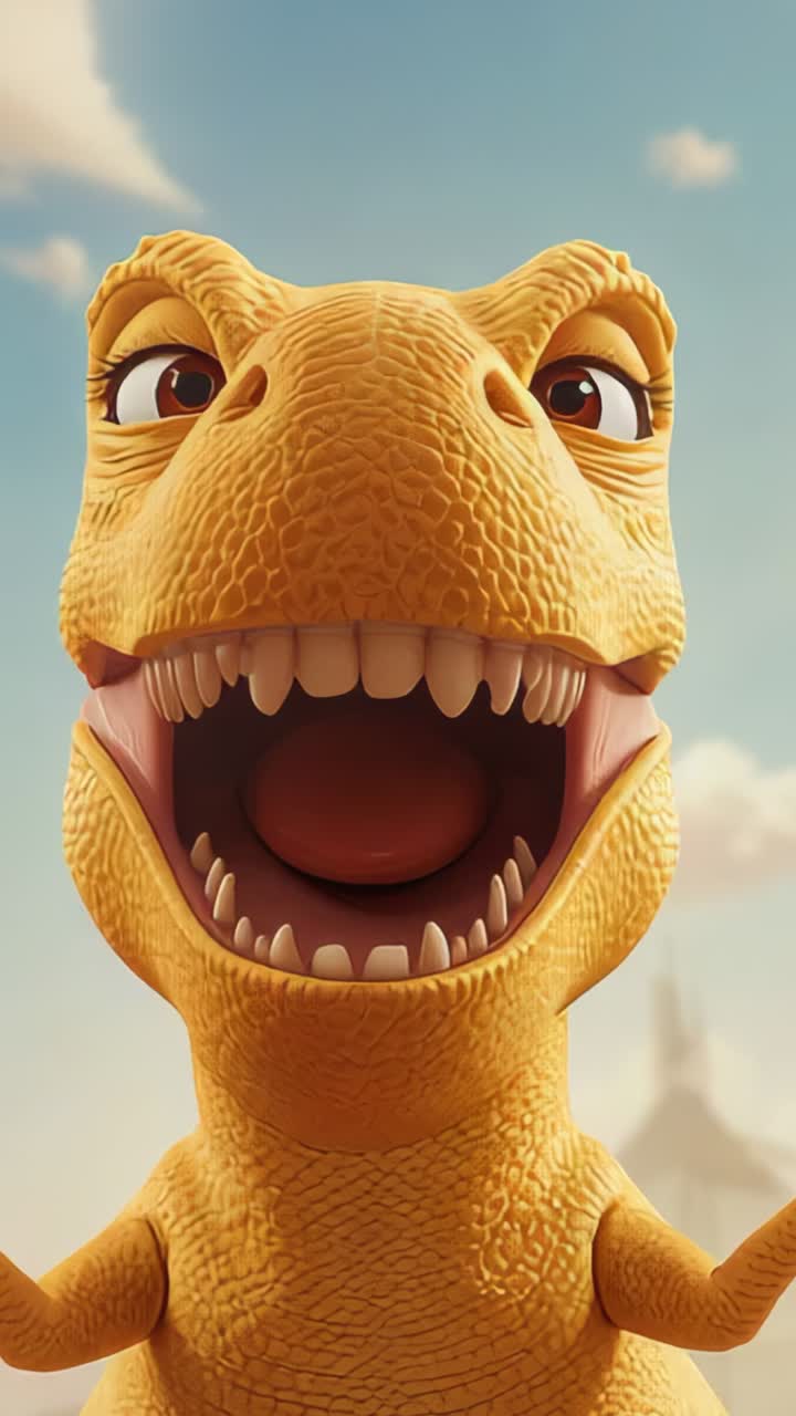 Video verticale: Dinosauro giallo stilizzato che spinge la testa sotto un cielo blu, ammiccando allo spettatore