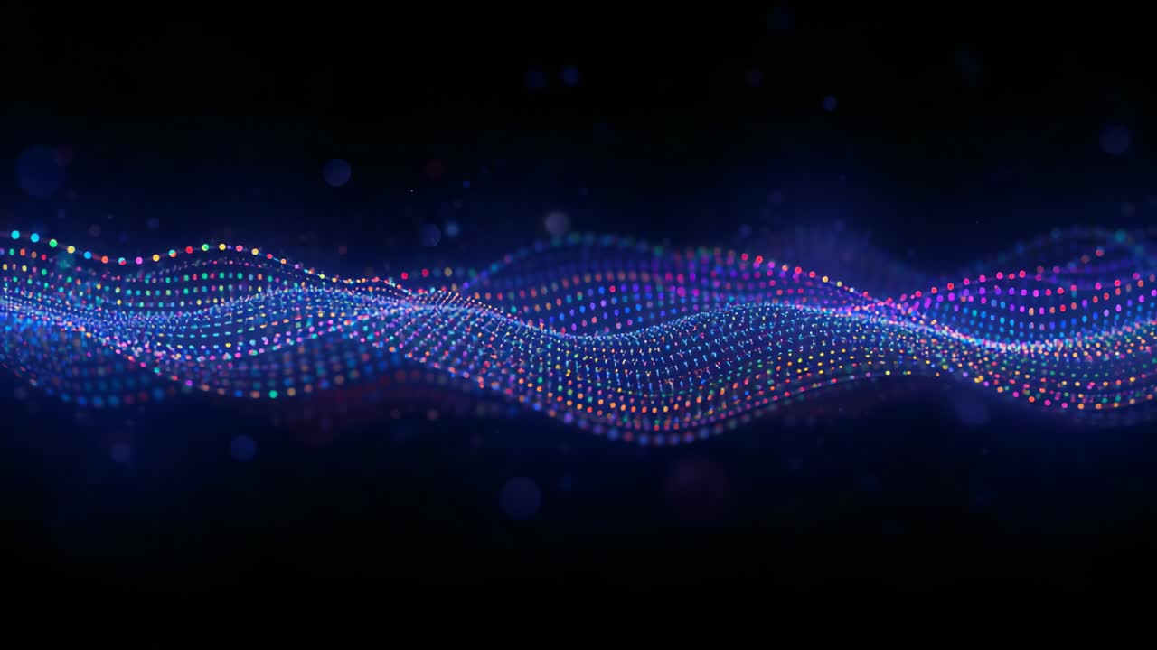 Shifting layered ribbon of luminous dots undulating in dark void by frames, creating interference
