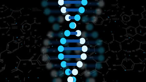 animation of digital data processing over dna strand spinning on black background