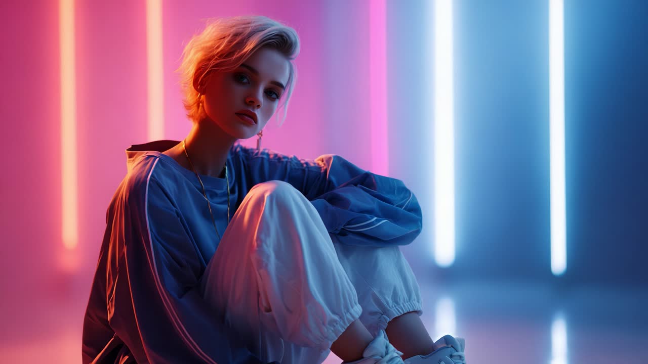 Ritratto estetico di una giovane donna alla moda seduta con eleganza su uno sfondo vivace di luci al neon in una straordinaria esplosione di colori, che cattura un'atmosfera serena ma accattivante