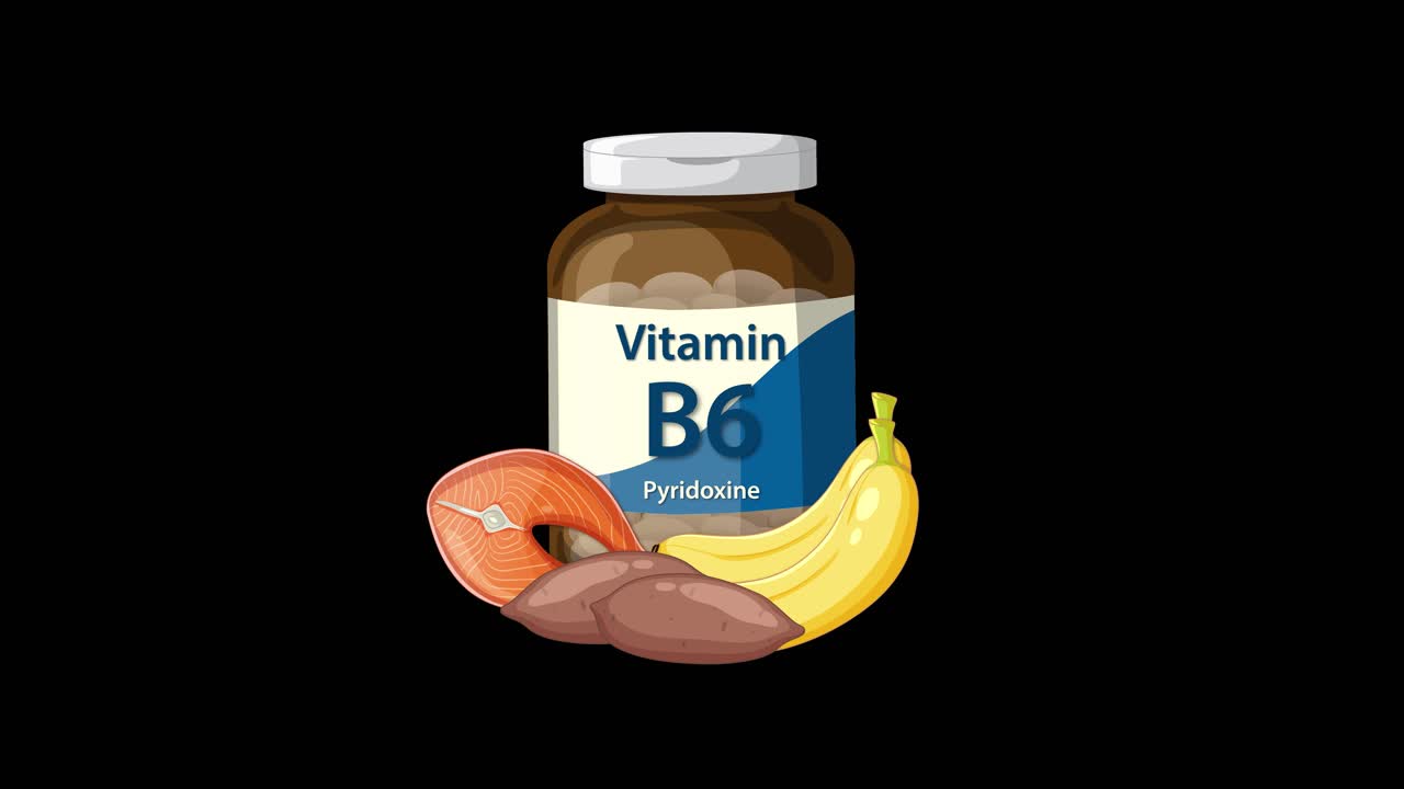 Vitamin B6 bottle animates with salmon, liver, and banana illustrations on a black background