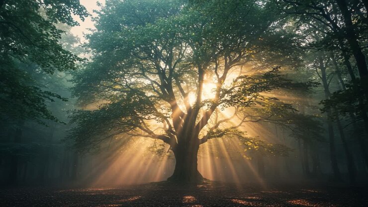 A Majestic Tree Standing Tall Amidst a Lush Forest Surrounded by Morning Mist and Beautiful Sunlight Streaming Through Its Expansive Canopy