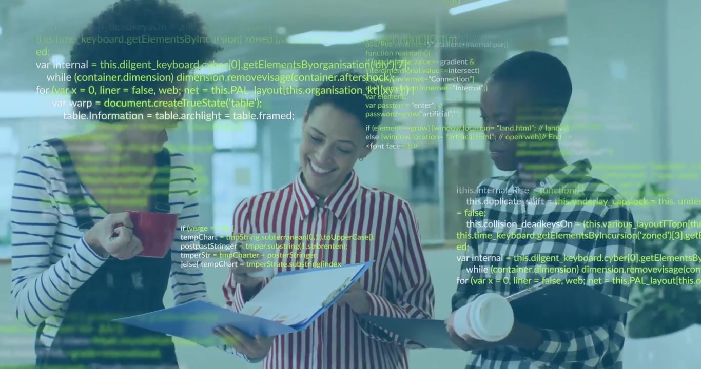Three engineers sipping coffee while sip initiating scrolling code overlay showing binder details