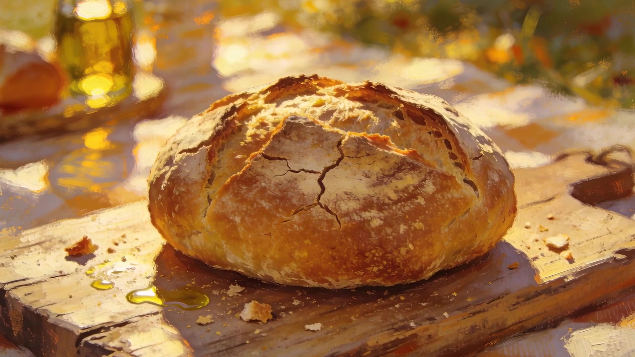 Shifting sunlight causing rustic loaf catching warm highlights on picnic table, oil bottle glinting