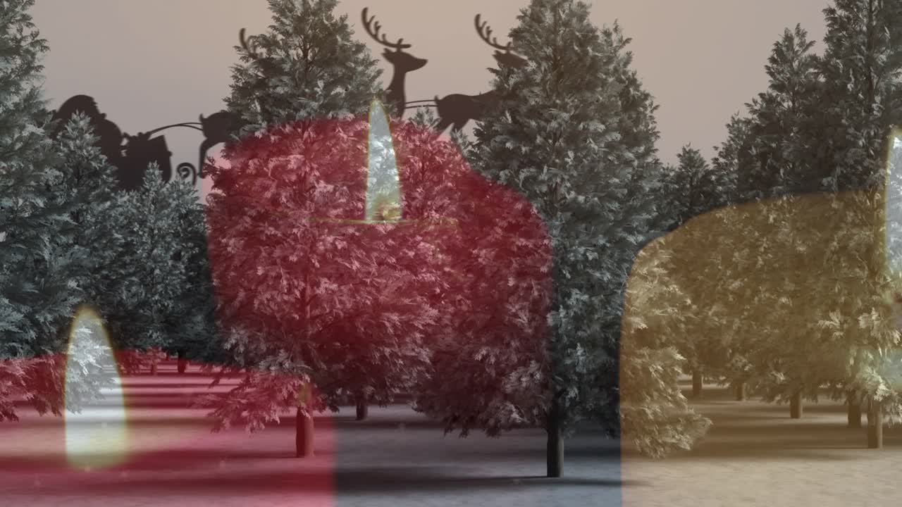 Animation of fir trees and santa in sleigh over candles at christmas