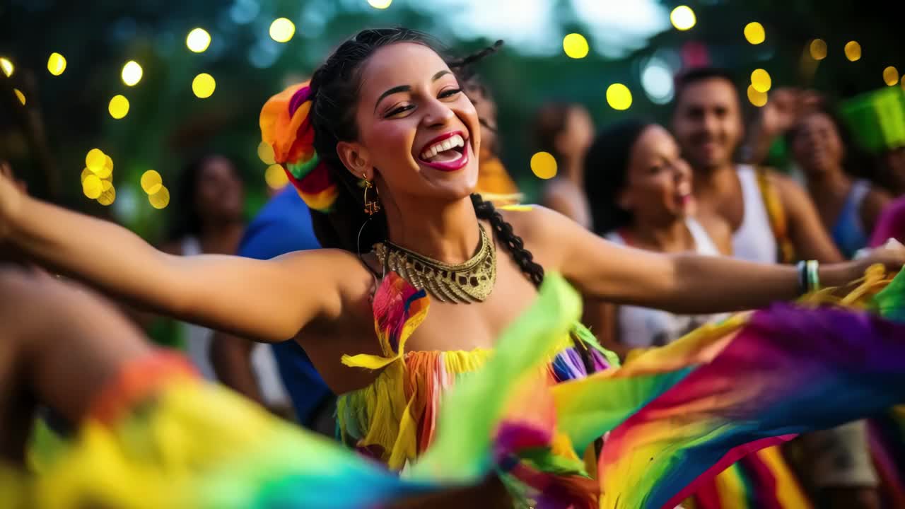 Vibrant video still of a joyful dancer in colorful attire, captured from a front angle, with festive
