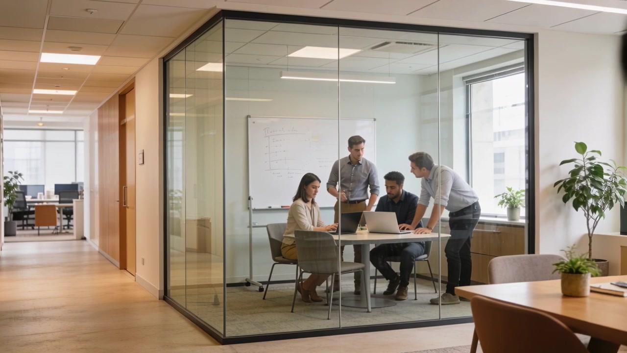 Shot opening on team in glass room consulting whiteboard, man in dark shirt carrying laptop passing