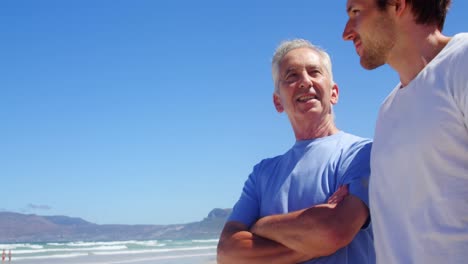 father and son interacting with each other at beach