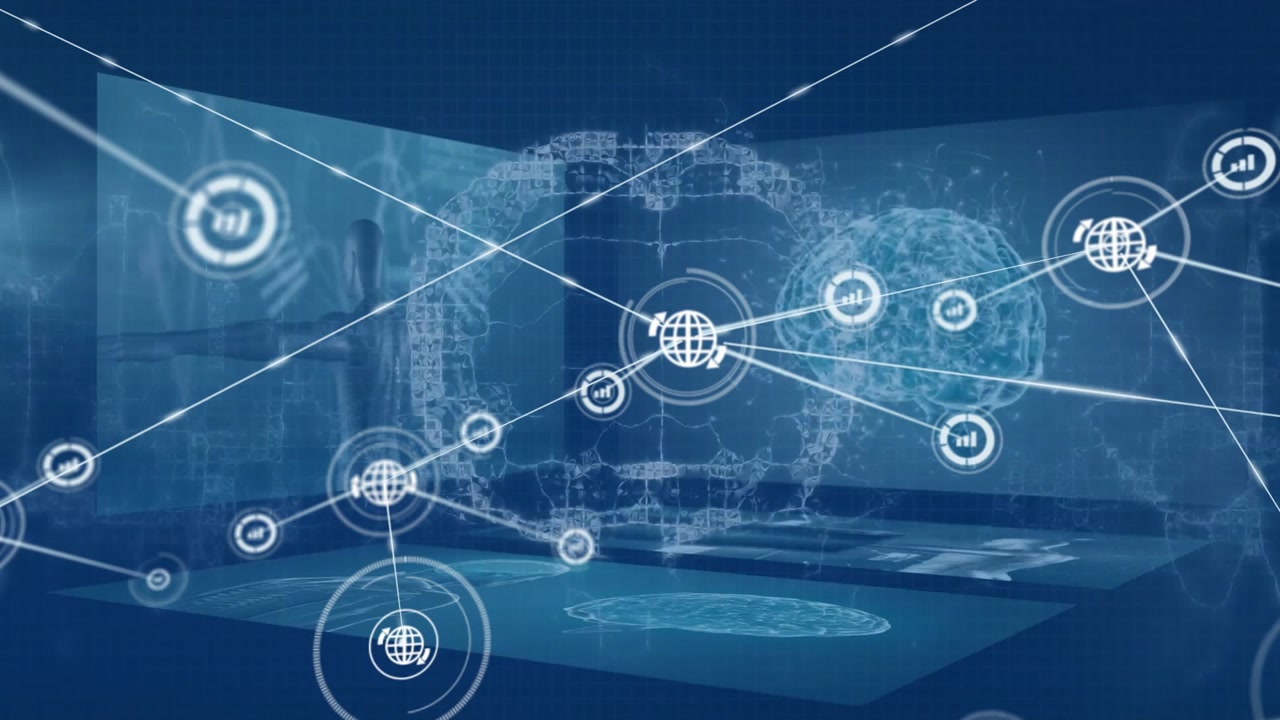Animation af netværk af forbindelser med ikoner over digital hjerne på sort baggrund.