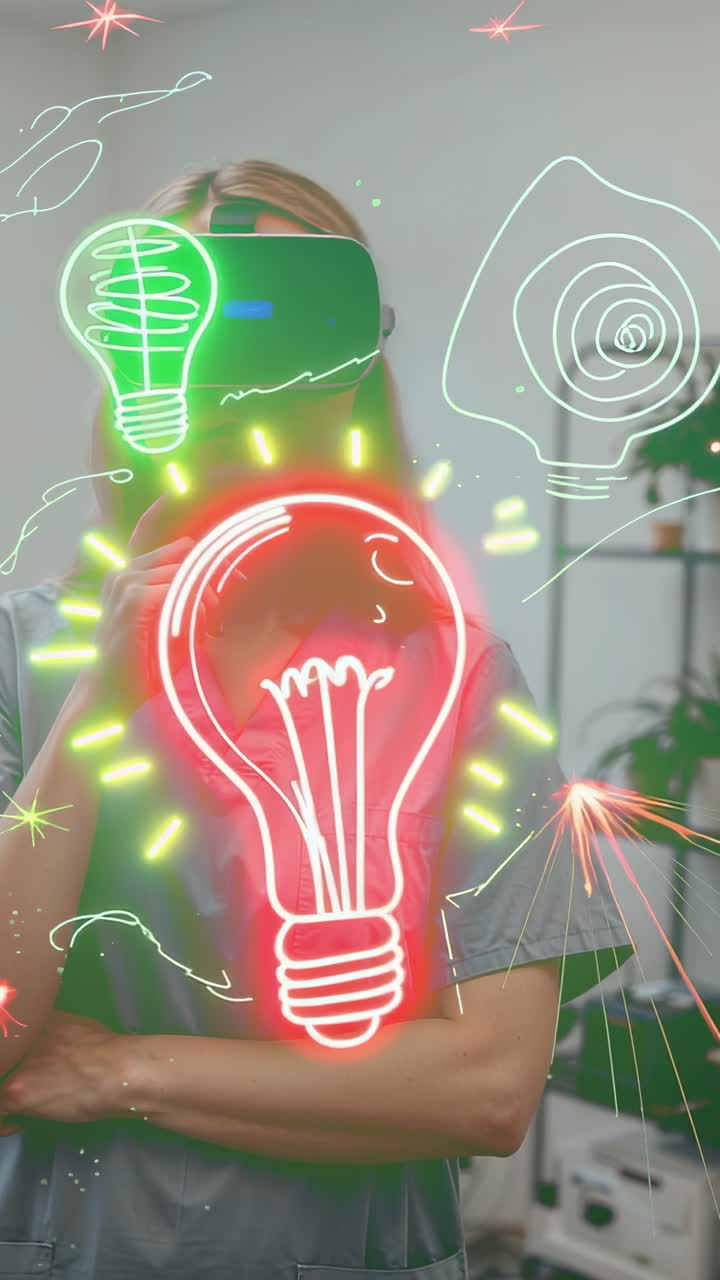 Vertical video: Activating VR headset woman in scrubs scanning neon bulbs for ideas in clinic