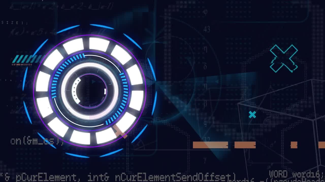 네온 둥근 스캐너의 애니메이션, 데이터 처리 및 검은 바탕에 기하학적 모양