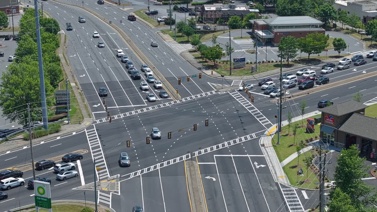 Aerial View of Busy Road Intersection with Traffic