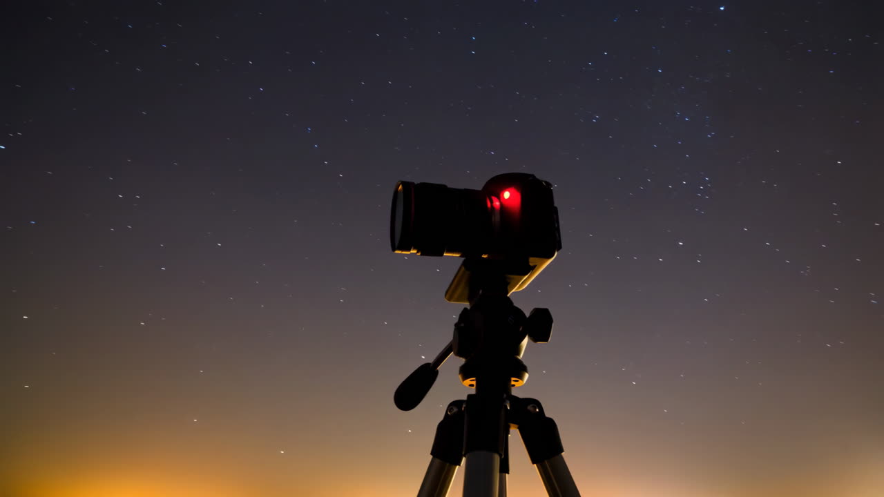 Camera on a tripod under a starry night sky