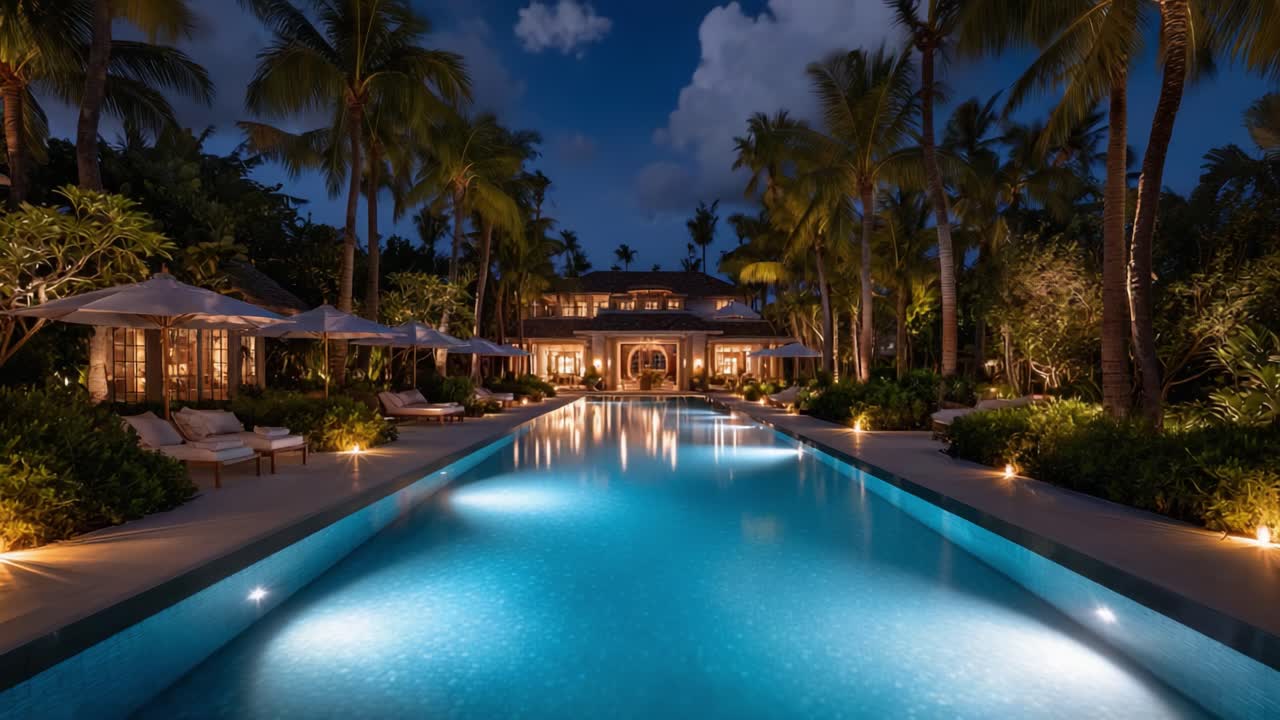 A Serene Nighttime Oasis: An Enchanting Poolside View of a Luxurious Villa Surrounded by Lush Palm Trees and Illuminated by Soft, Warm Lighting