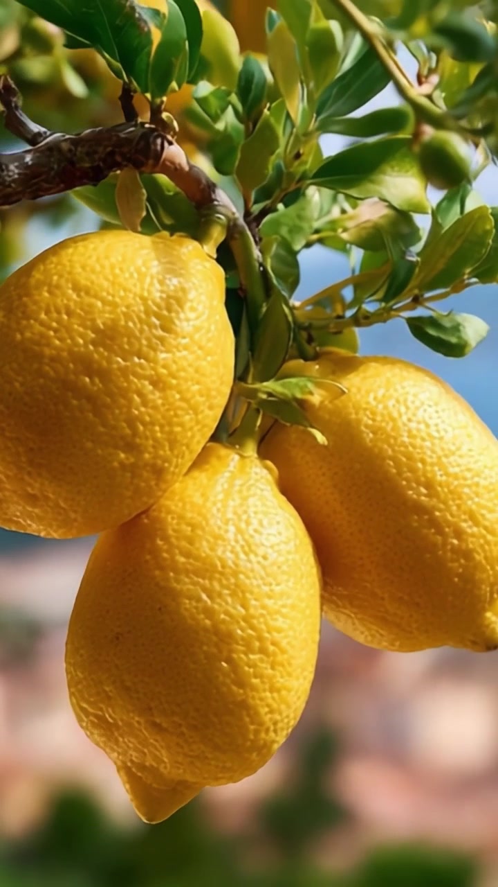 Limoni Freschi e Vivaci Appesi a un Ramo Sotto il Sole Splendente, che Mostrano il Loro Ricco Colore Giallo e la Loro Consistenza Naturale in una Splendida Ambientazione Esterna.