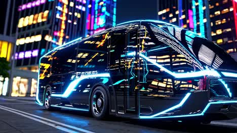 autobús eléctrico futurista en una ciudad de neón