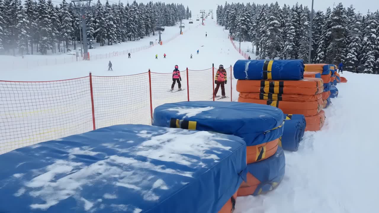 Lyžaři a snowboardisté sjíždějící zasněžený horský svah s bezpečnostními matracemi