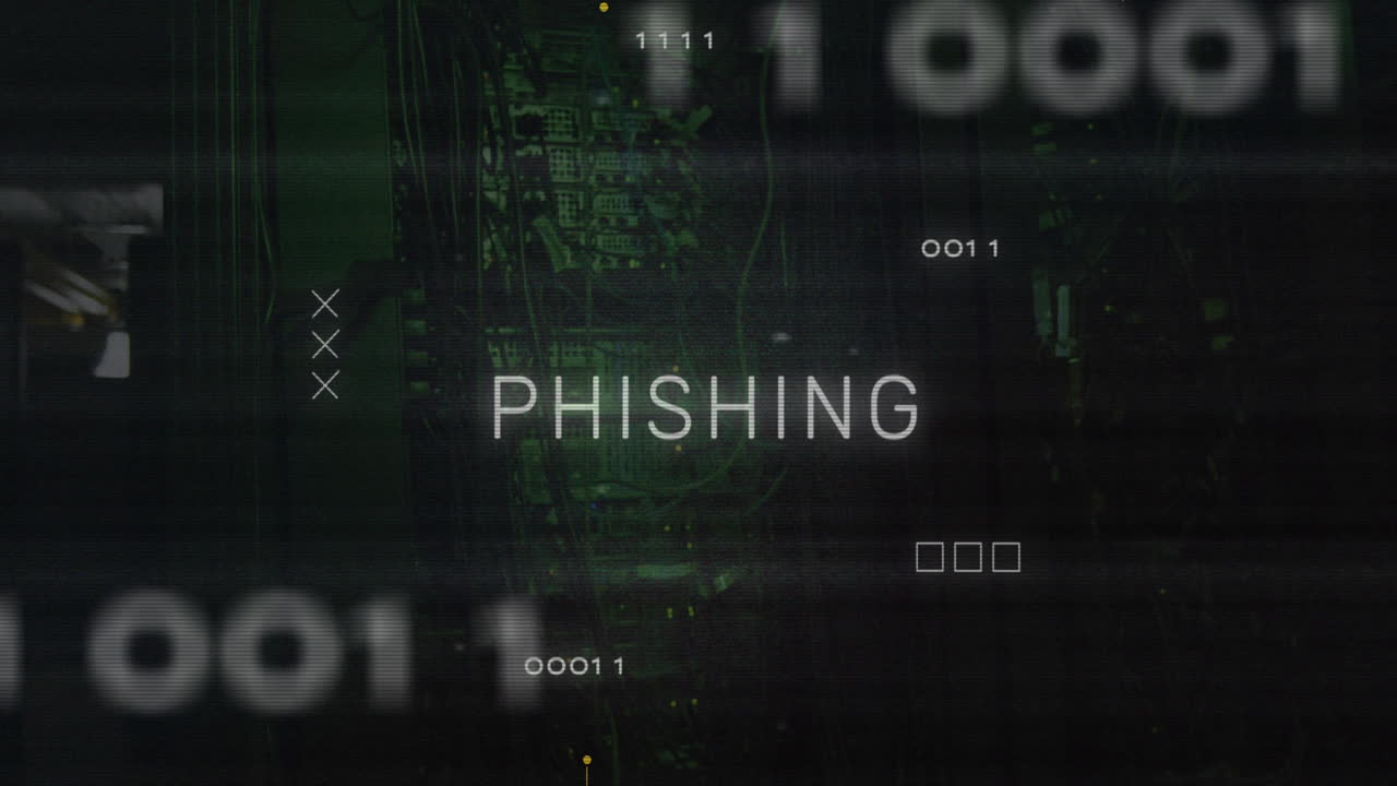 Animation of phishing text and computing board over server room